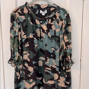 Velvet by Graham & Spencer Green Ruffled Blouse with Mandarin Collar